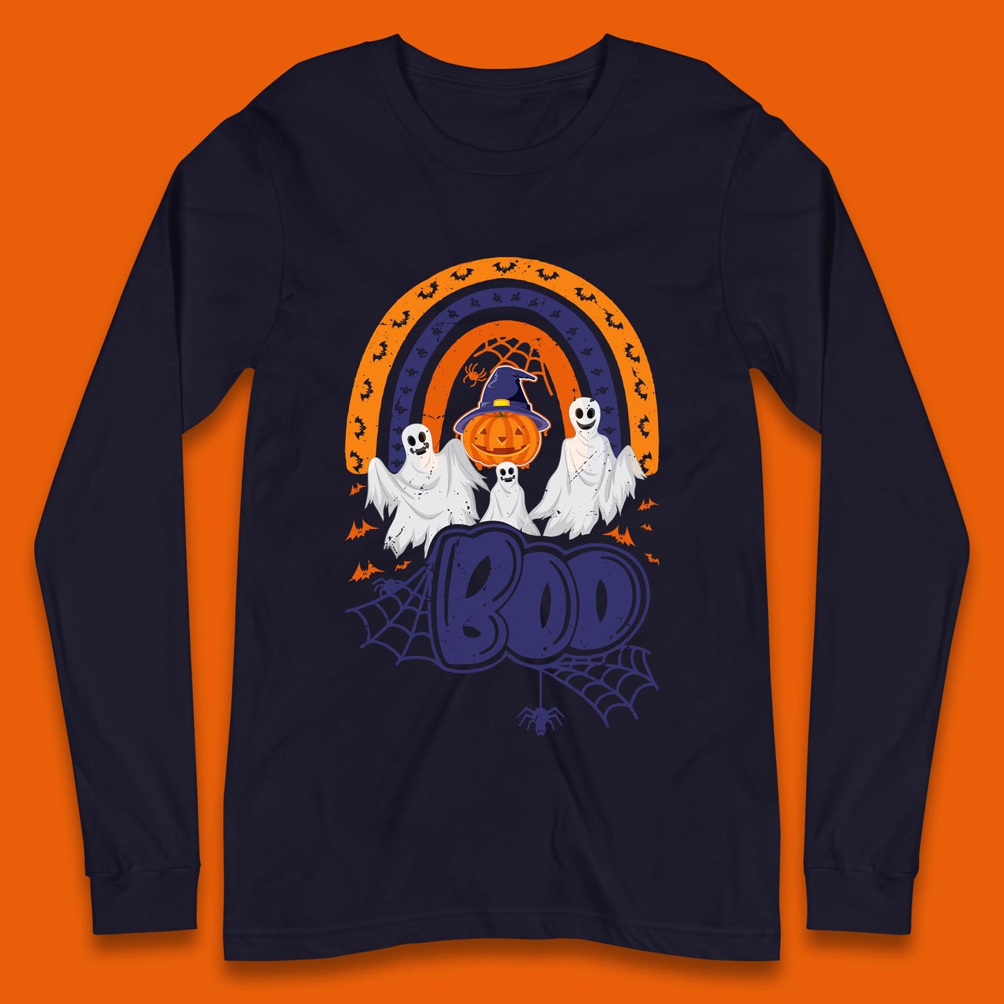 Halloween Boo Ghosts With Witch Pumpkin Scary Spooky Season Long Sleeve T Shirt