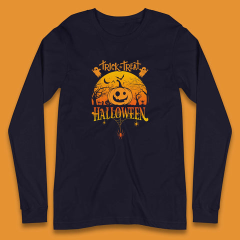Trick Or Treat Halloween Pumpkin Haunted Trees Scary Spooky Season Long Sleeve T Shirt