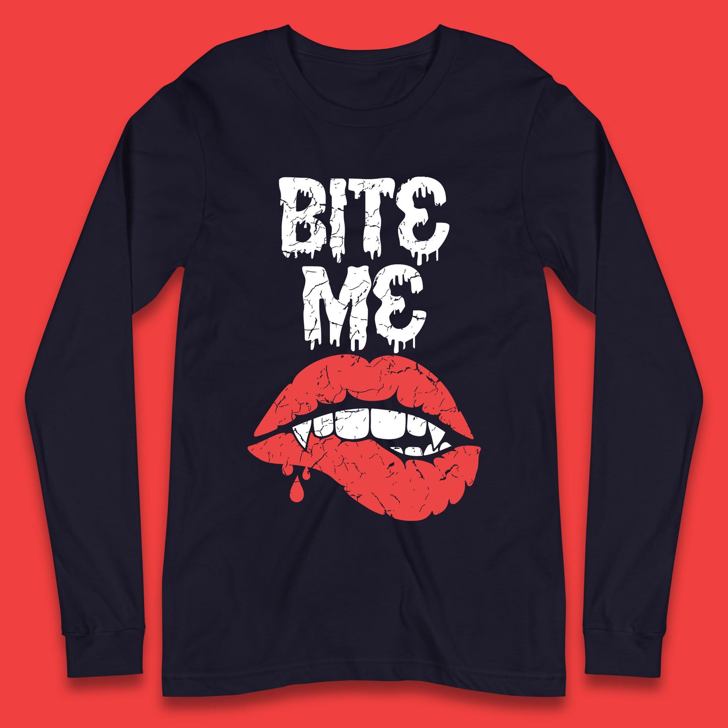 Bite Me Vampire Fangs Halloween Horror Lips Halloween Spooky Party Costume Long Sleeve T Shirt