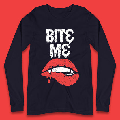 Bite Me Vampire Fangs Halloween Horror Lips Halloween Spooky Party Costume Long Sleeve T Shirt