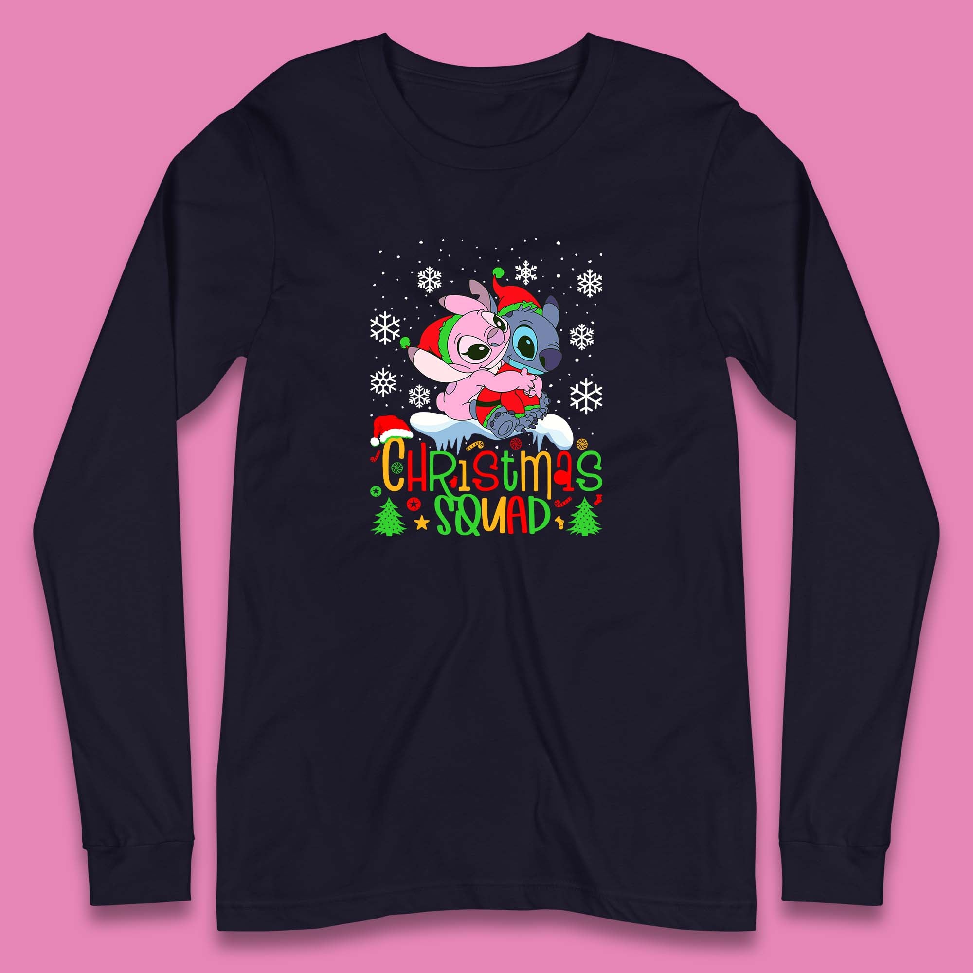 Christmas Squad Christmas Disney Stitch And Angel Christmas Xmas Lilo & Stitch Long Sleeve T Shirt