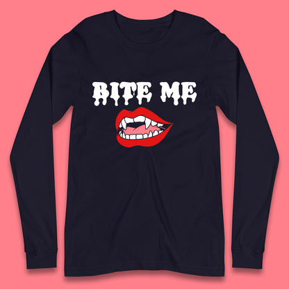 Bite Me Vampire Fangs Halloween Lips Horror Halloween Party Costume Long Sleeve T Shirt