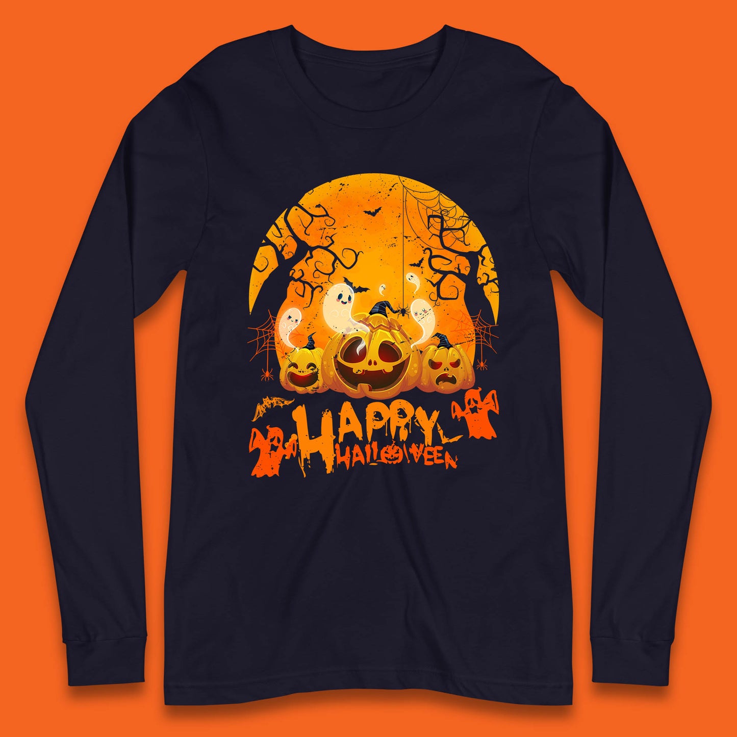 Happy Halloween Jack O Lantern Pumpkins Scary Boo Ghost Haunted Trees Long Sleeve T Shirt