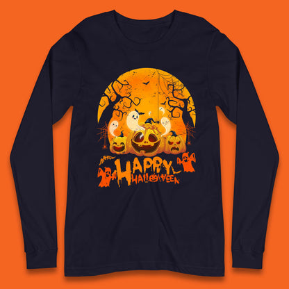 Happy Halloween Jack O Lantern Pumpkins Scary Boo Ghost Haunted Trees Long Sleeve T Shirt