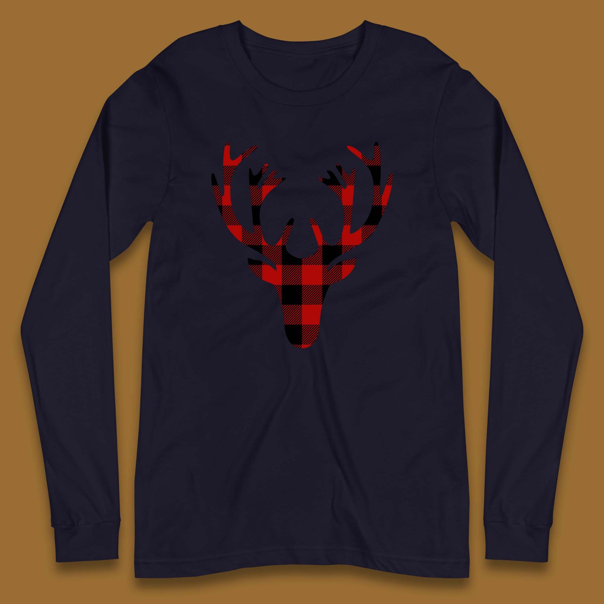 merry christmas buffalo plaid deer head long sleeve t shirt
