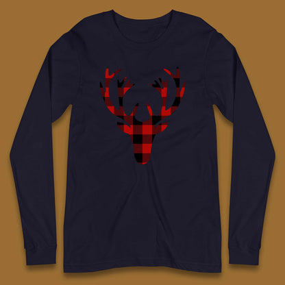 merry christmas buffalo plaid deer head long sleeve t shirt