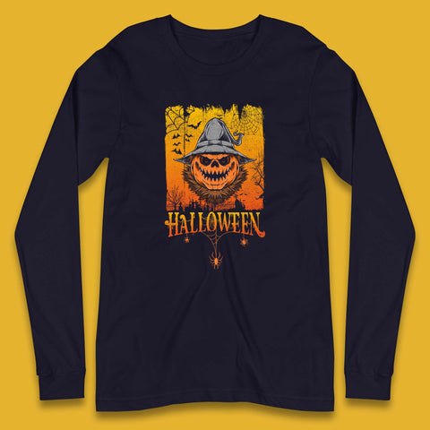 Angry Halloween Scary Evil Pumpkin Funny Pumpkin Head With Fire Eyes Scary Spooky Season Long Sleeve T Shirt