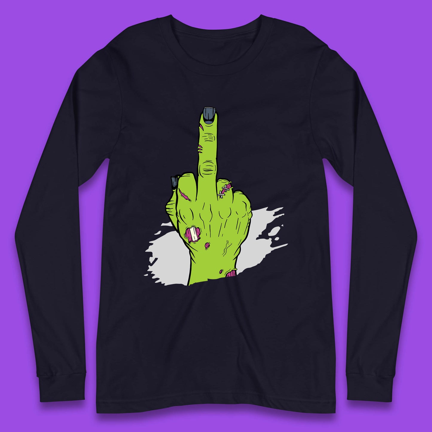 Halloween Green Zombie Hand Showing The Middle Finger Sarcastic Rude Long Sleeve T Shirt