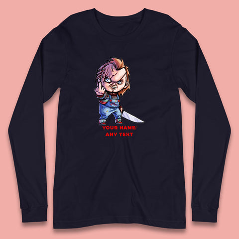 Personalised Chucky With Knife Your Name Or Text Halloween Horror Movie Character Long Sleeve T Shirt