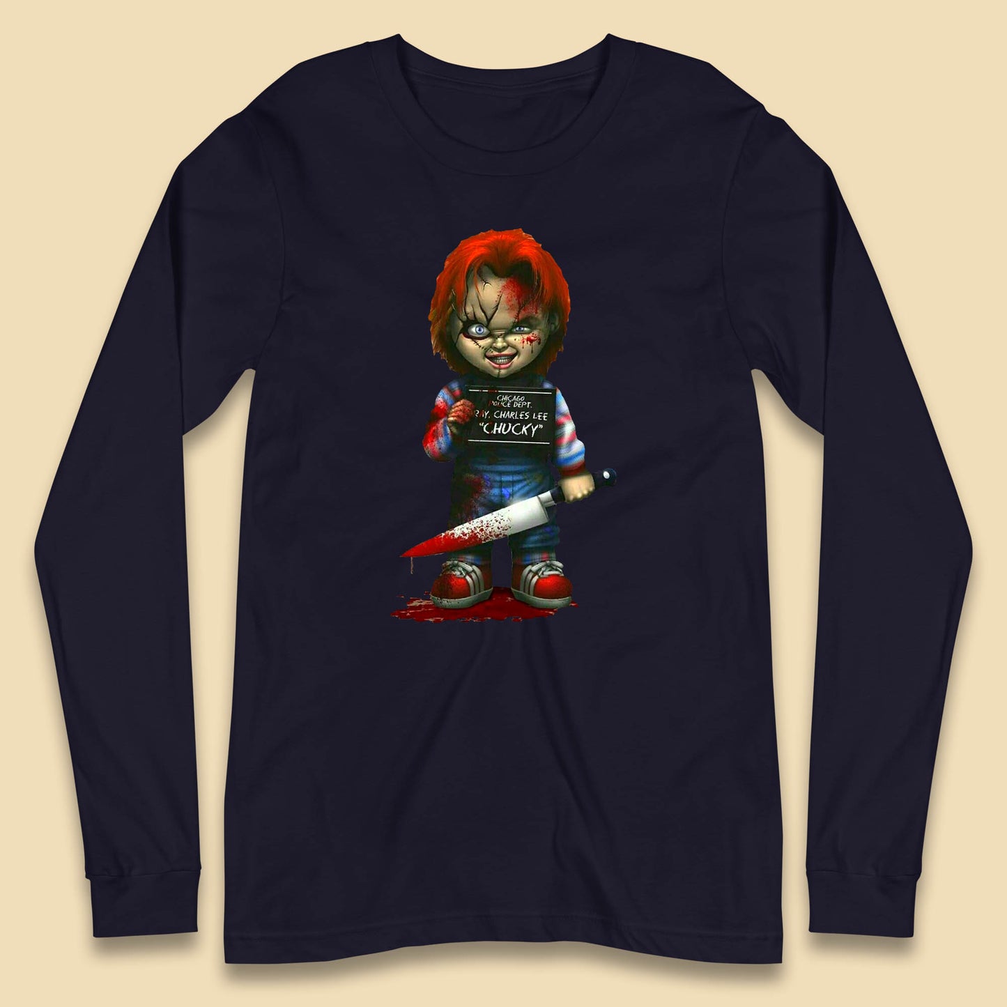 Chucky Mug Shot Chicago Police Dept Ray Charles Lee Chucky Halloween Horror Movie Long Sleeve T Shirt