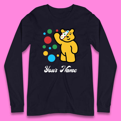 Personalised Spotty Pudsey Bear Hand Waving Dotty Spot Your Name Fundraising Spotty Bear Spotty Day Long Sleeve T Shirt