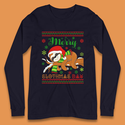 Merry Slothmas Day Christmas Santa Sloth Lovers Xmas Holiday Celebration Long Sleeve T Shirt