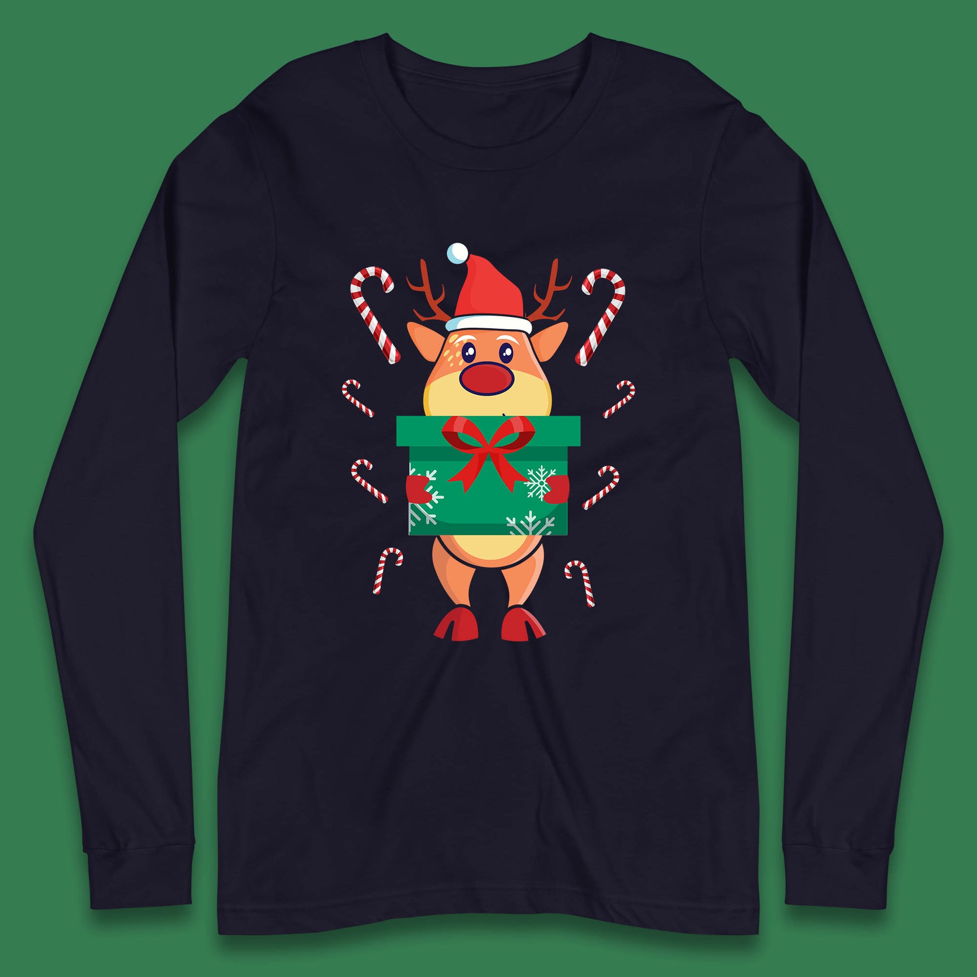 reindeer holding gift christmas long sleeve t shirt
