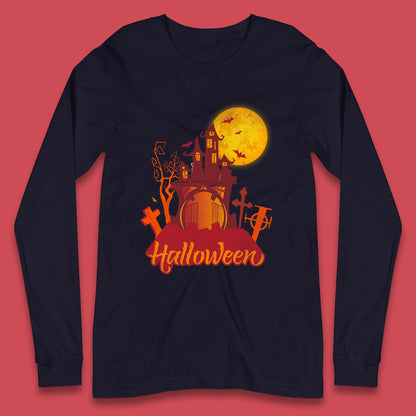Halloween Lettering With Full Moon Scary Haunted House Flying Bats Horror Graveyard Long Sleeve T Shirt
