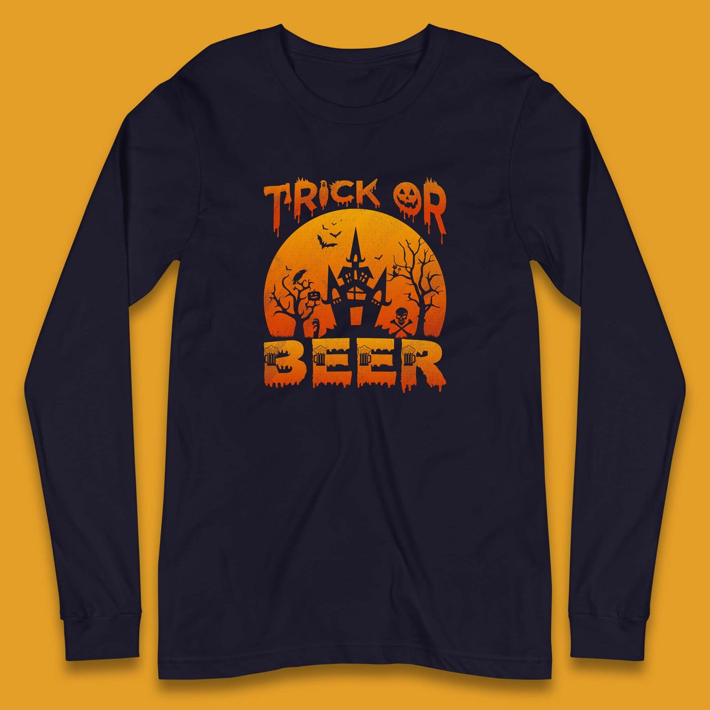 Trick Or Beer Halloween Drinking Beer Lover Horror Haunted House Drinker Halloween Party Long Sleeve T Shirt