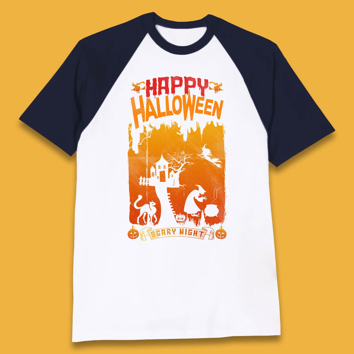 Happy Halloween Horror Hunted House Flying Witch Scary Spooky Night Baseball T Shirt