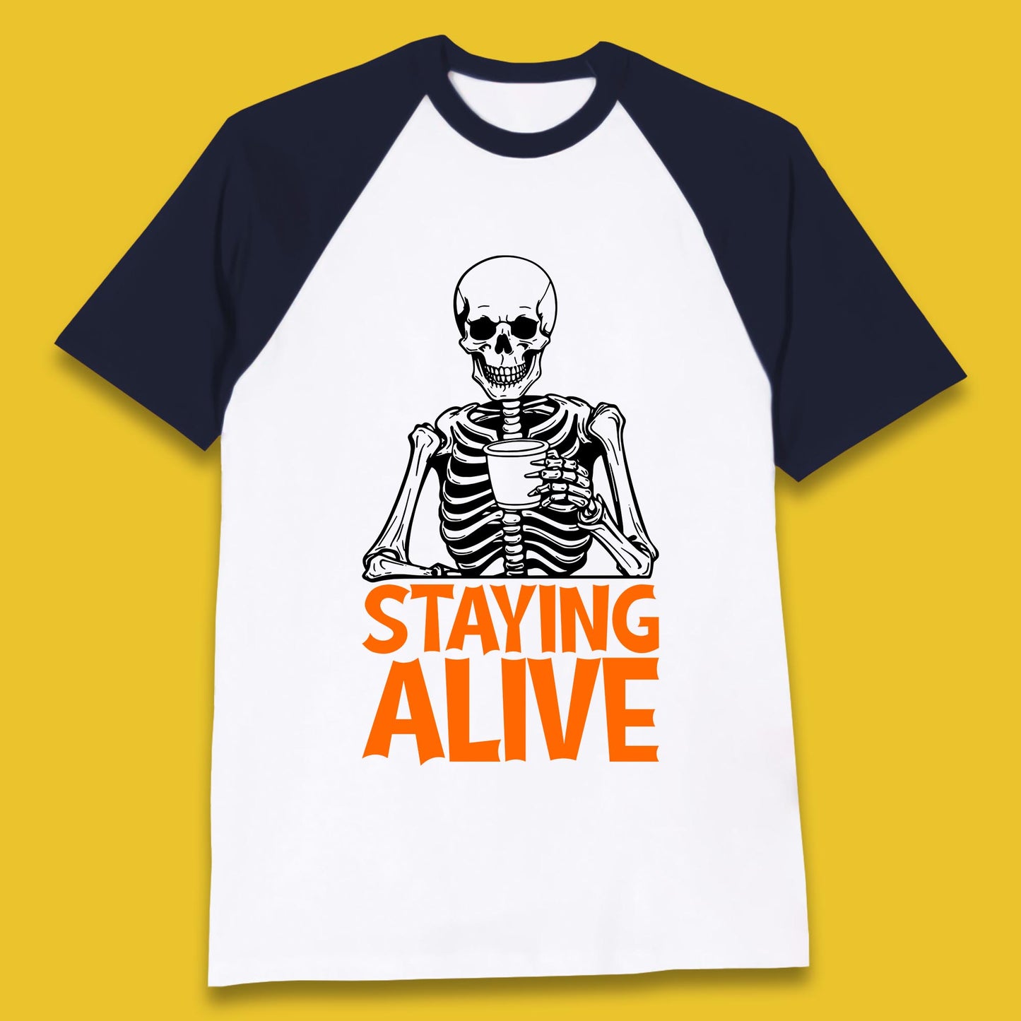 Staying Alive Funny Skeleton Trendy Coffee Halloween Skull Vintage Coffee Lovers Baseball T Shirt