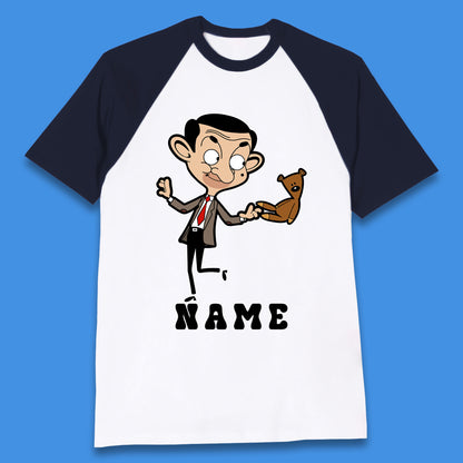 Personalised Mr Bean And Teddy Bear Your Name Comedy Cartoon Animated Series Baseball T Shirt