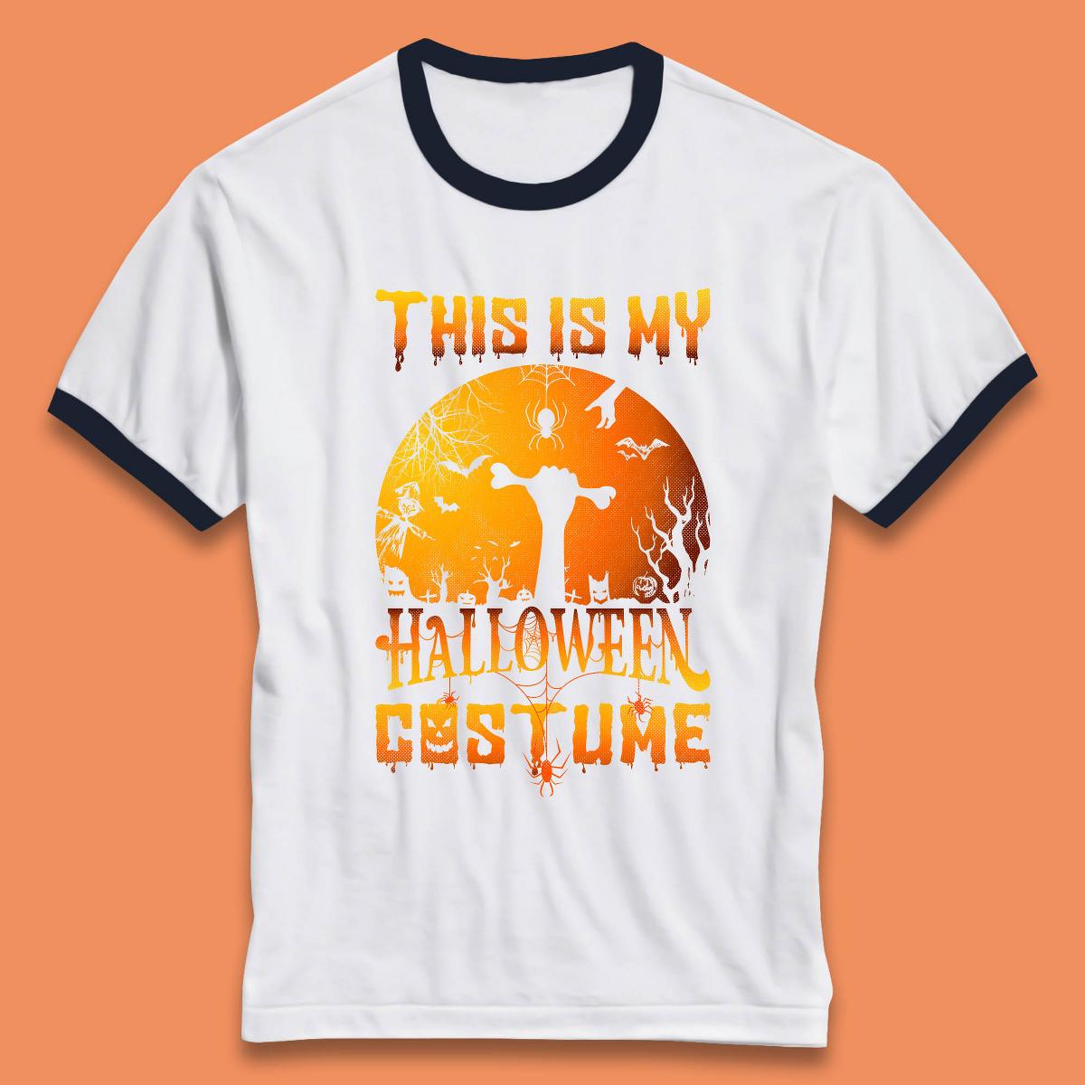 This Is My Halloween Costume Zombie Hand Rising Out Of A Graveyard & Holding Bone In Spooky Night Ringer T Shirt
