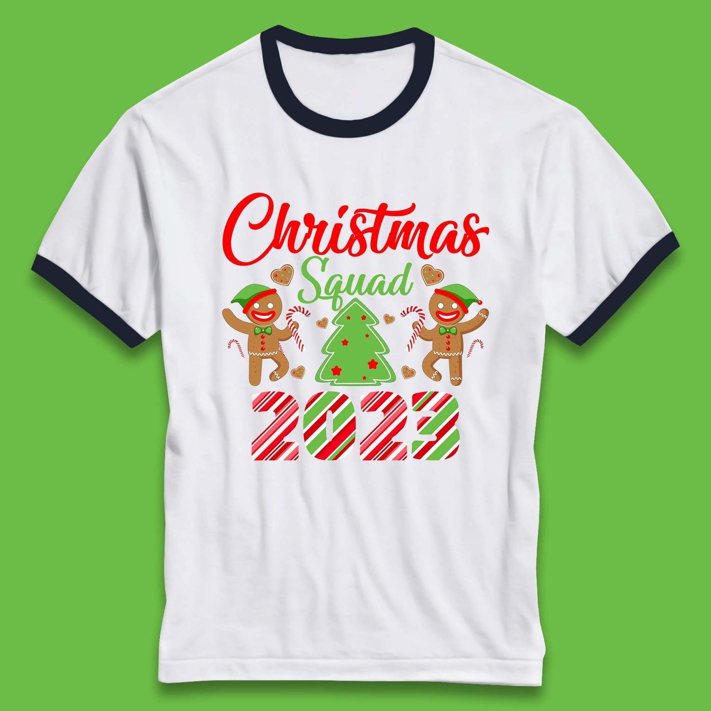 Christmas Squad 2023 Christmas Tree Xmas Gingerbread Man with Candy Cane Ringer T Shirt