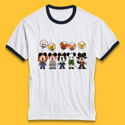 Disney Halloween Friends Horror Movie Characters Mickey Mouse Balloons Ringer T Shirt