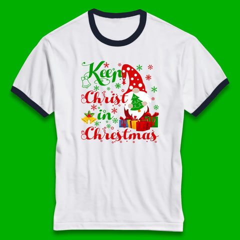 Keep Christ In Christmas Xmas Gnome Holding Tree Faith Christmas Ringer T Shirt