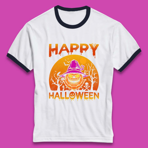 Happy Halloween Monster Pumpkin With Witch Hat Horror Scary Spooky Season Ringer T Shirt