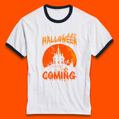 Halloween Coming Horror Scary Ghost Haunted House Spooky Season Ringer T Shirt