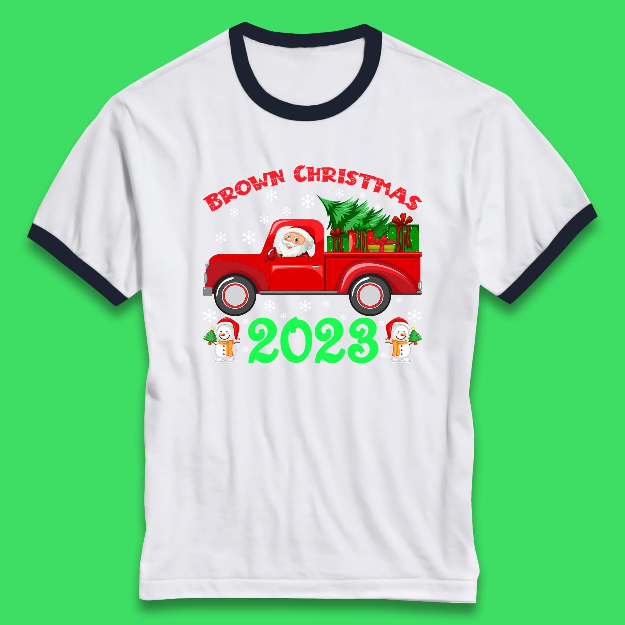 Brown Christmas 2023 Santa Claus Driving Truck With Christmas Tree To Delivery Christmas Gifts Xmas Ringer T Shirt