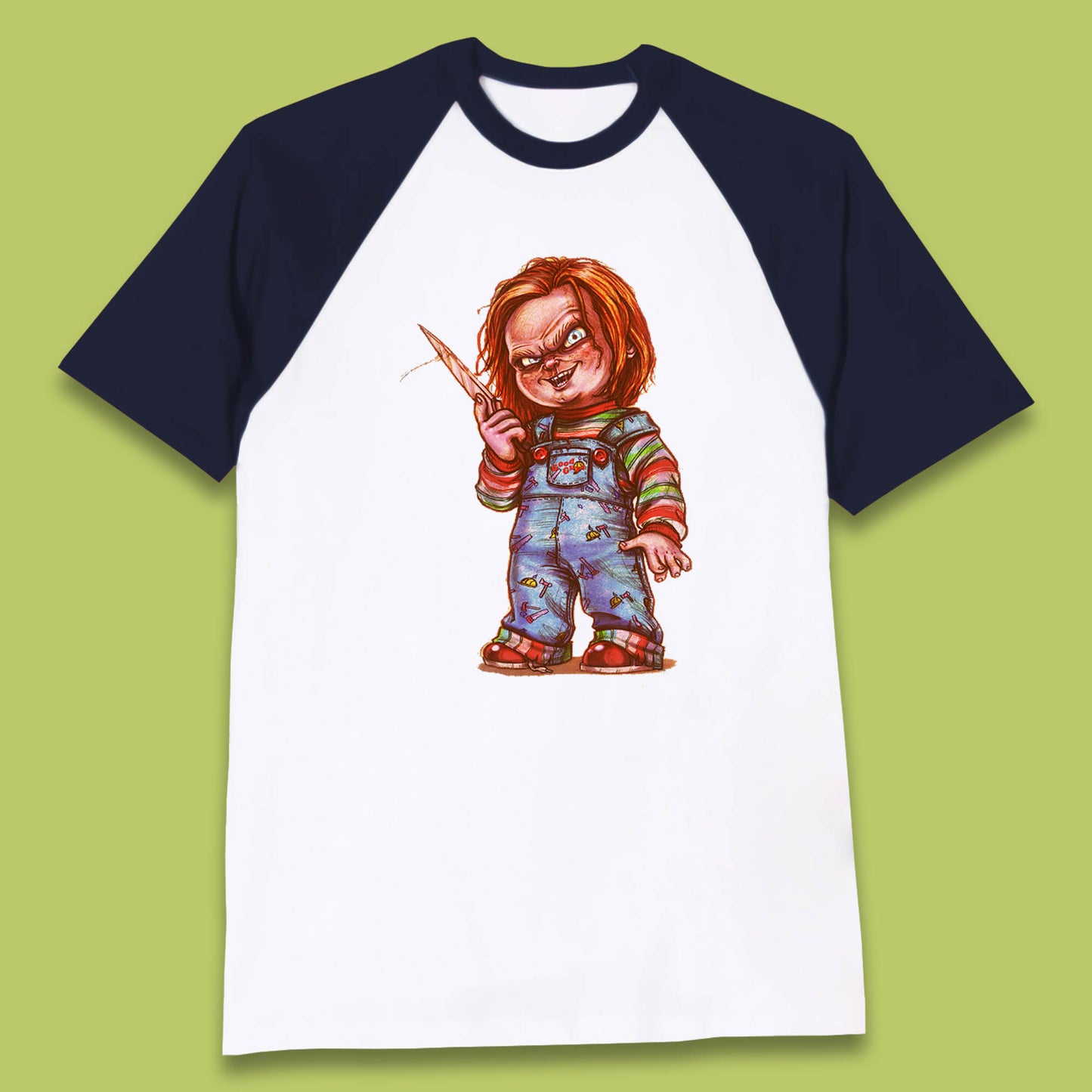 The Horror Movie Character Chucky With Knife Serial Killer Halloween Horror Movie Inspired Chucky Baseball T Shirt