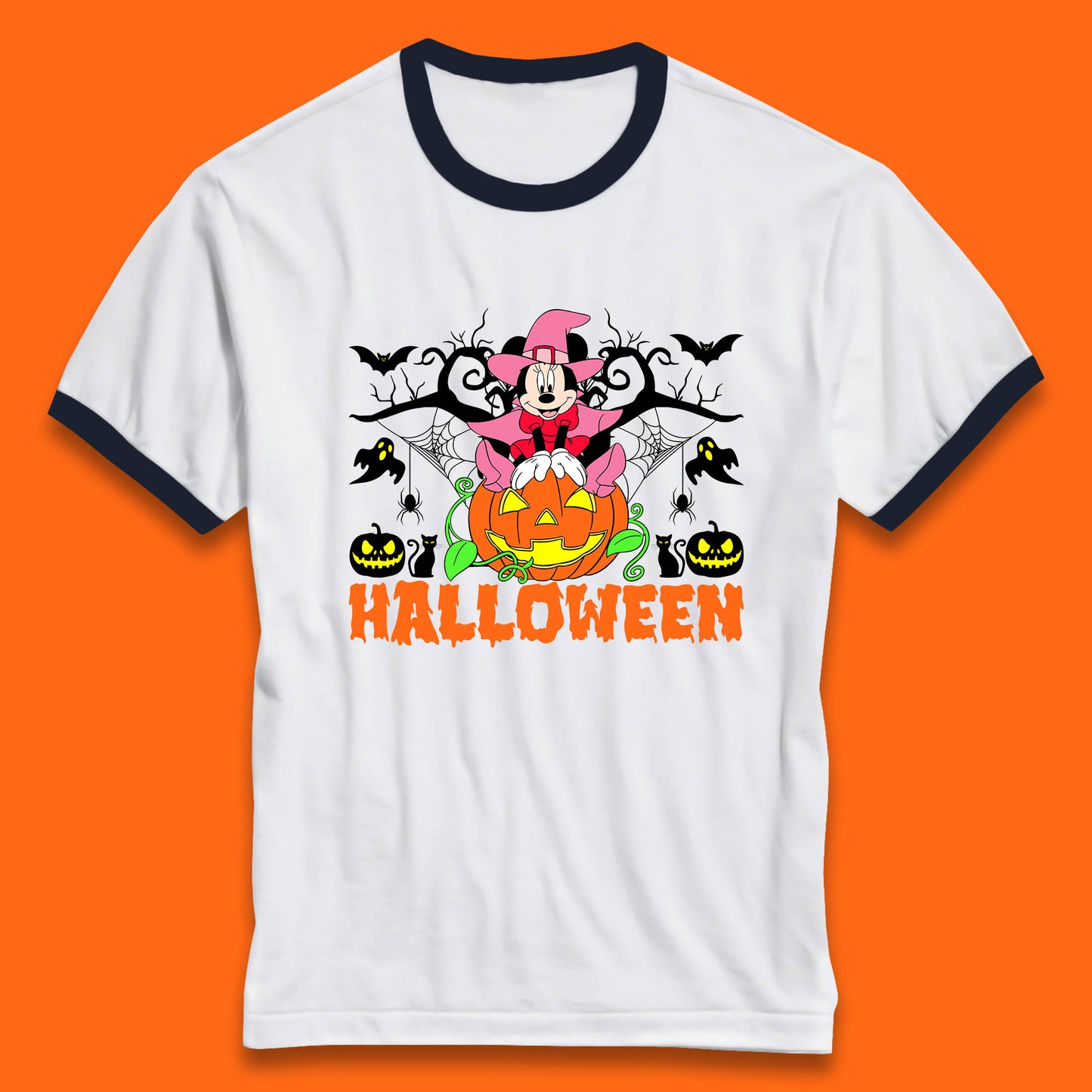 Disney Halloween Witch Minnie Mouse Sitting On Pumpkin Horror Scary Disneyland Trip Costume Ringer T Shirt