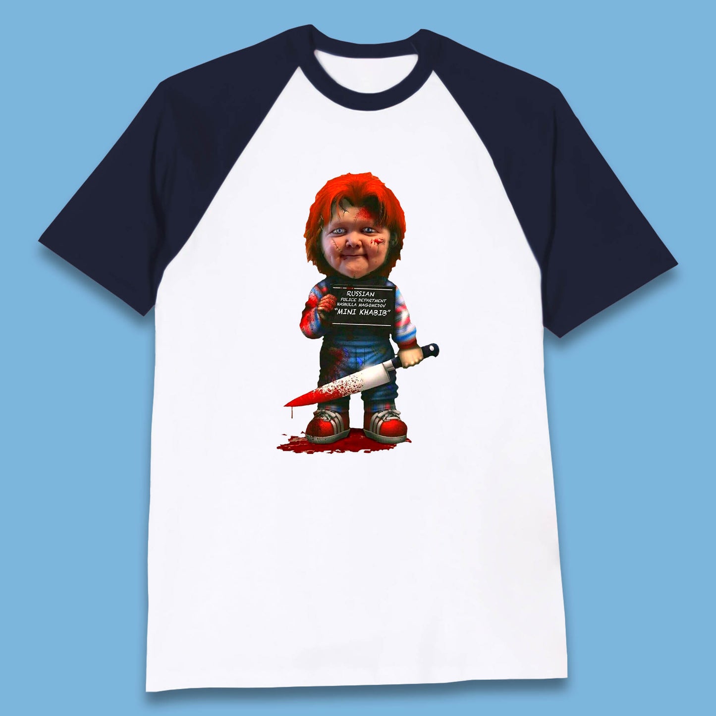 Chucky Mug Shot Russian Police Dept Hasbulla Magomedov Chucky Mini Khabib Inspired Halloween Horror Movie Good Guy Chucky Baseball T Shirt