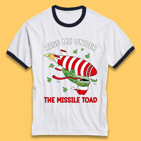 Kiss Me Under The Missile Toad Funny Christmas Holiday Joke Xmas Frog Santa Meme Ringer T Shirt