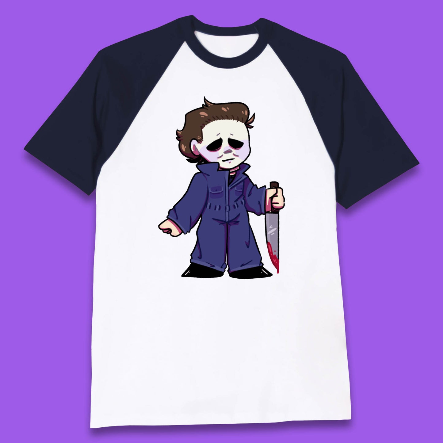 Chibi Michael Myers Holding Bloody Knife Halloween Serial Killer Horror Movie Character Baseball T Shirt