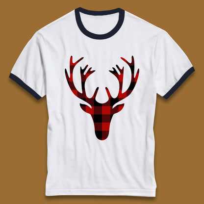 merry christmas buffalo plaid deer head ringer t shirt
