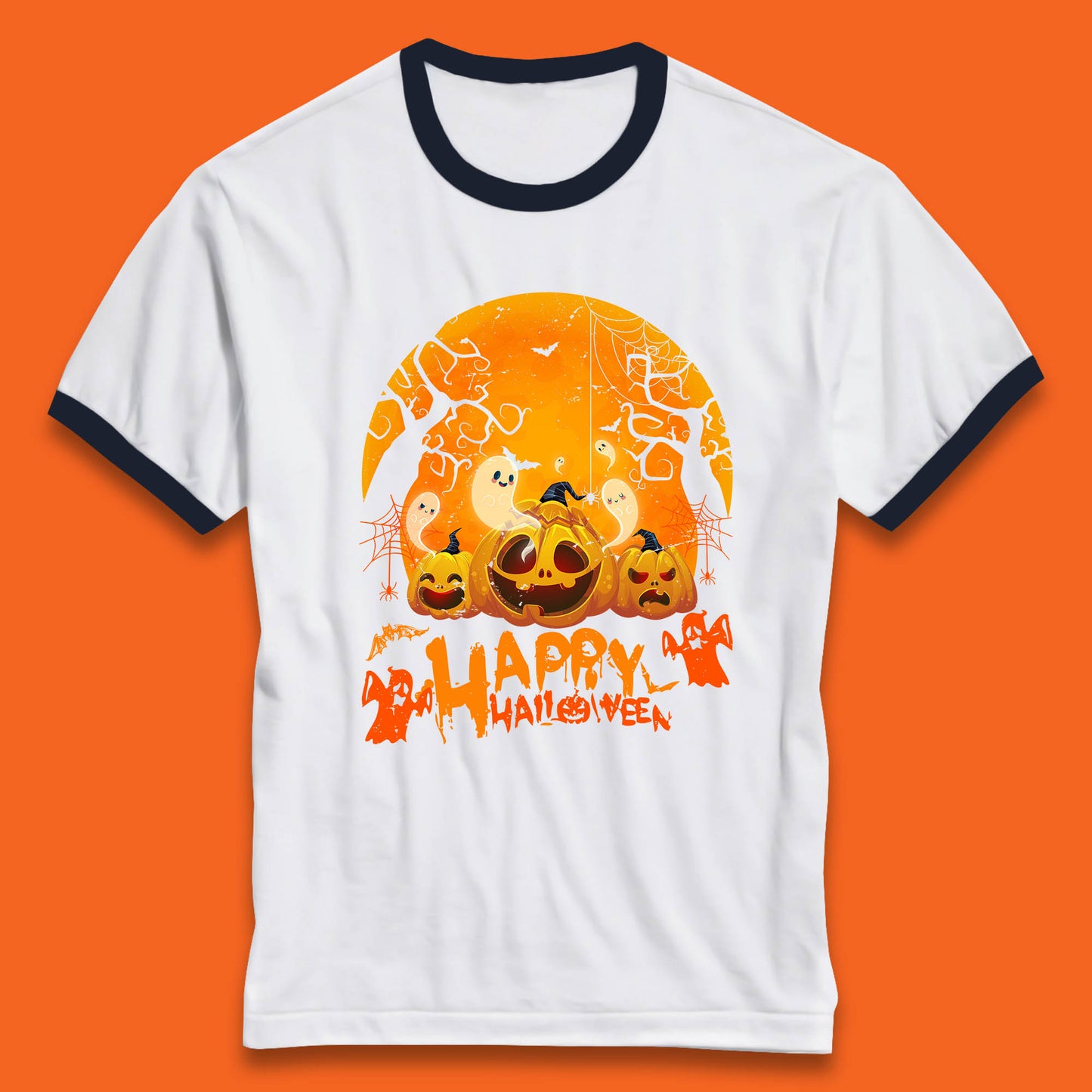 Happy Halloween Jack O Lantern Pumpkins Scary Boo Ghost Haunted Trees Ringer T Shirt