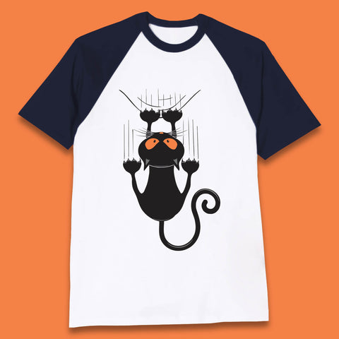Black Cat Cartoon Scratching Climbing Wall Halloween Horror Scary Black Cat Spooky Season Baseball T Shirt