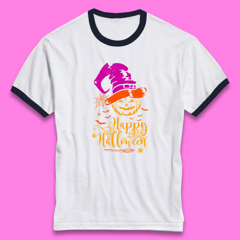 Happy Halloween Witch Hat Pumpkin Horror Scary Jack-o-lantern Flying Bats Ringer T Shirt