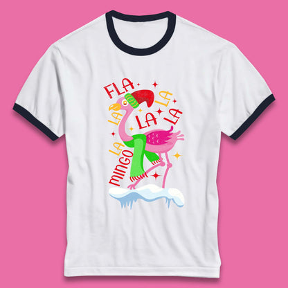 pink flamingo christmas ringer t shirt