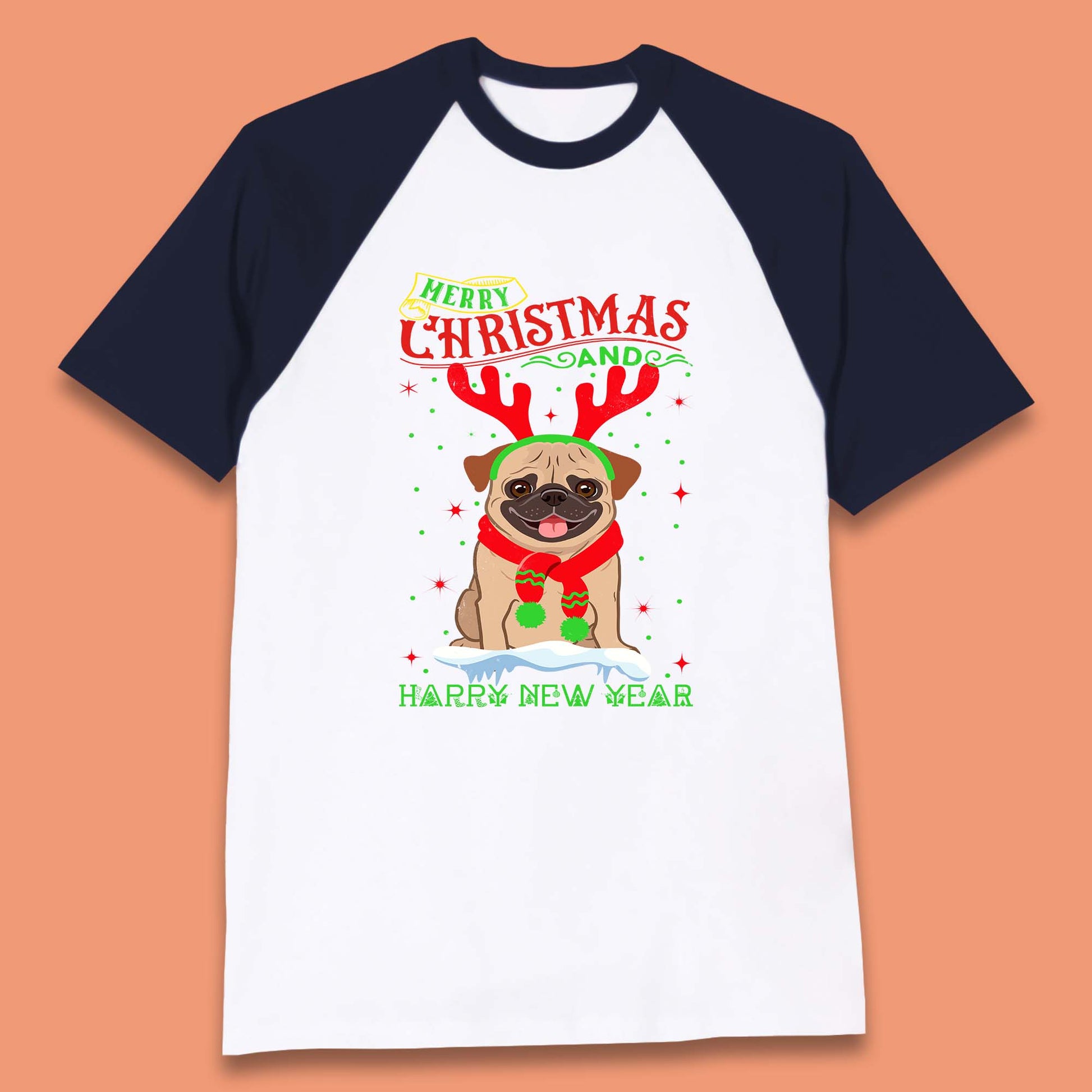 christmas pug dog baseball t-shirt