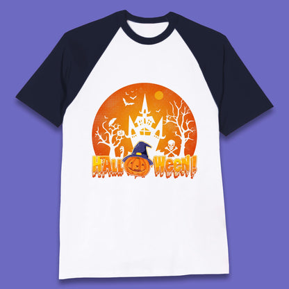 Halloween Pumpkin Witch Hat Haunted Castle Flying Bats Skull Bones Scary Dark Night Baseball T Shirt