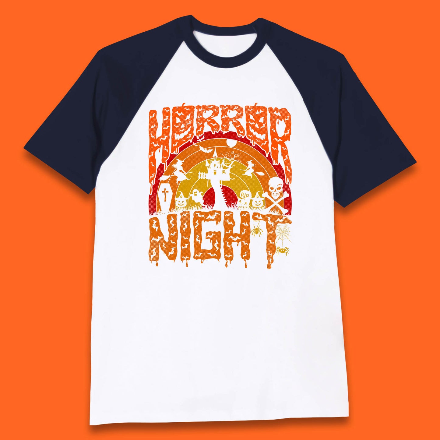 Halloween Horror Night Vintage Rainbow Flying witches Scary Boo Spooky Festive Night Baseball T Shirt