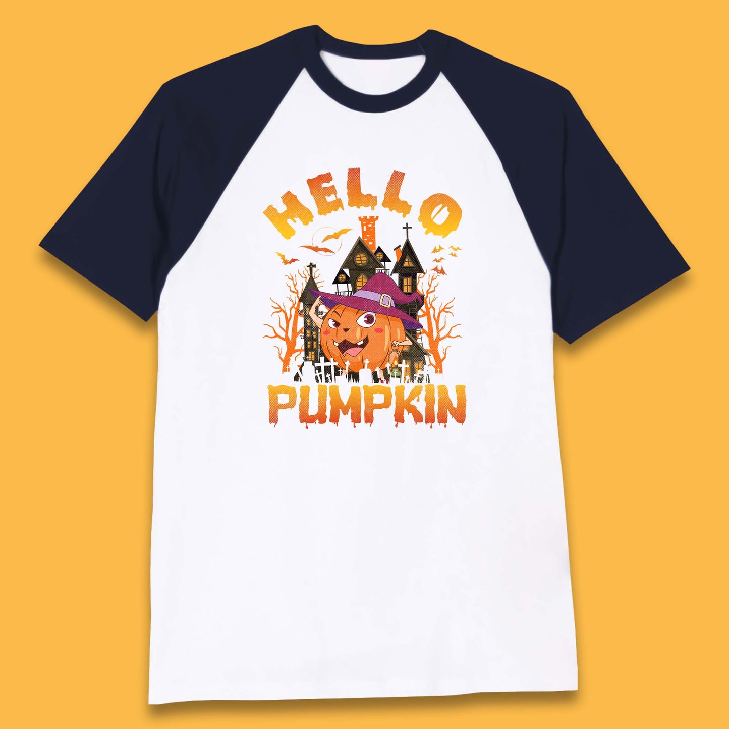 Hello Pumpkin Cartoon Halloween Pumpkin With Witch Hat Devil Smile Haunted Castle Baseball T Shirt