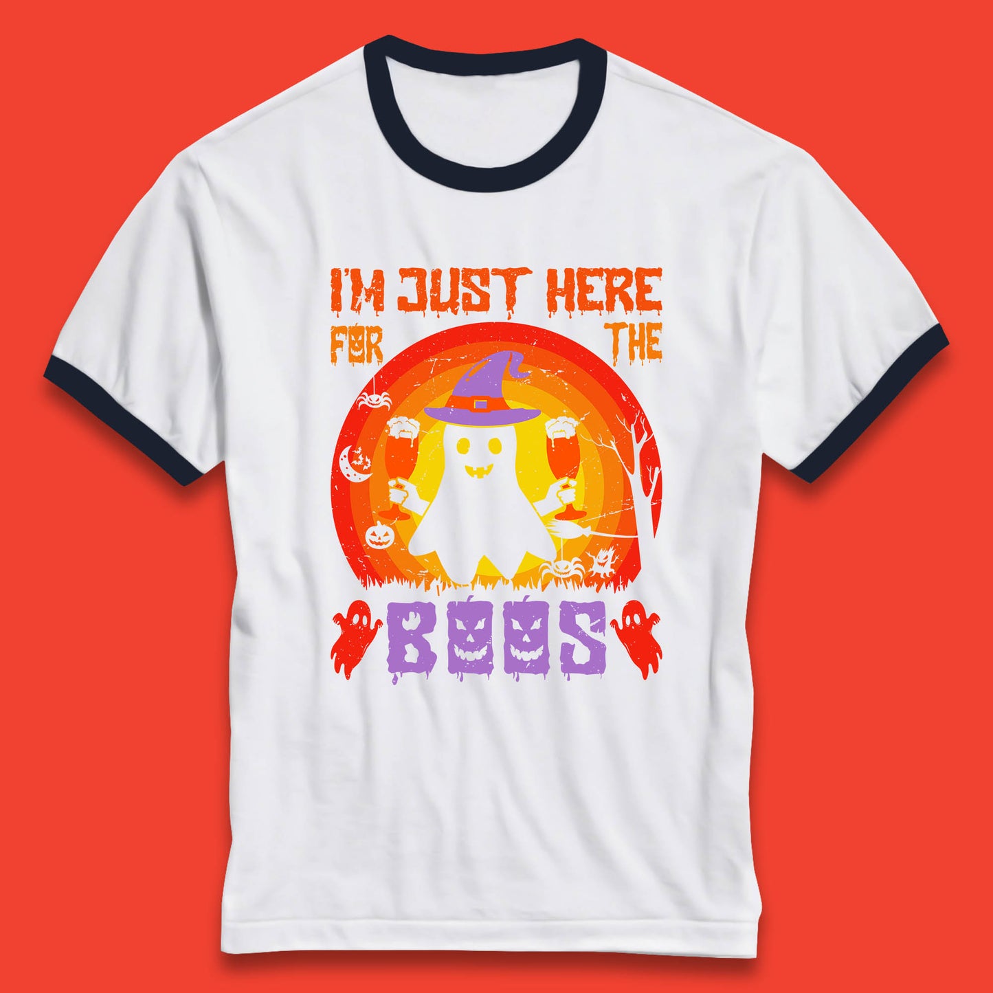 I'm Just Here For The Boos Halloween Boo Ghost Witch Hat Horror Scary Ringer T Shirt