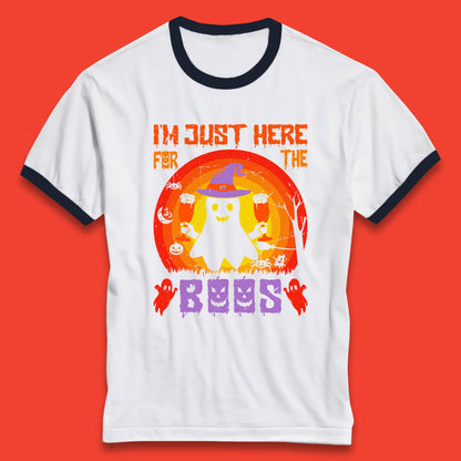I'm Just Here For The Boos Halloween Boo Ghost Witch Hat Horror Scary Ringer T Shirt
