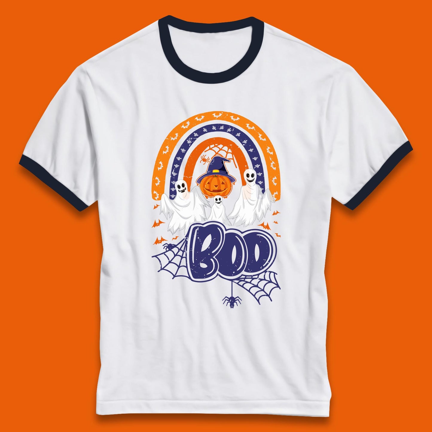 Halloween Boo Ghosts With Witch Pumpkin Scary Spooky Season Ringer T Shirt