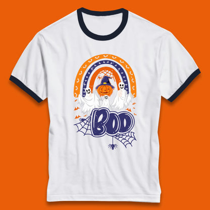 Halloween Boo Ghosts With Witch Pumpkin Scary Spooky Season Ringer T Shirt