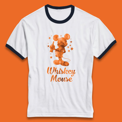 Whiskey Mouse Mickey Minnie Mouse Cartoon Character Holding Beer Bottle Disneyland Whiskey Lovers Ringer T Shirt