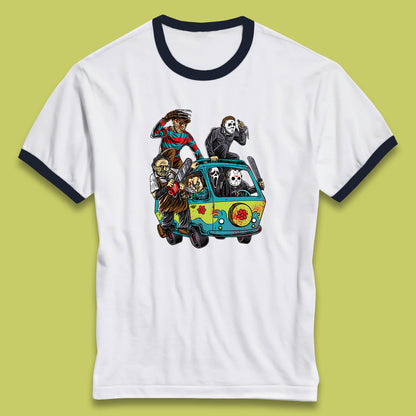 Halloween Scooby Doo Friends Van Horror Movie Villians Characters Mystery Machine Ringer T Shirt