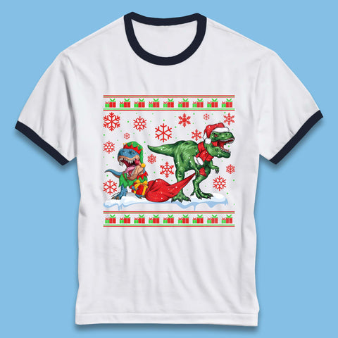 Santa Elf Dinosaur Trex Wearing Christmas Santa Claus And Elf Costume And Holding A Gift Bag Xmas Ringer T Shirt